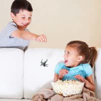 A laughing little boy tosses a spider at a scared little girl sitting on a sofa