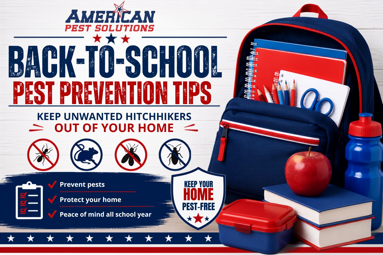Backpach containing school supplies with APS logo and blog title
