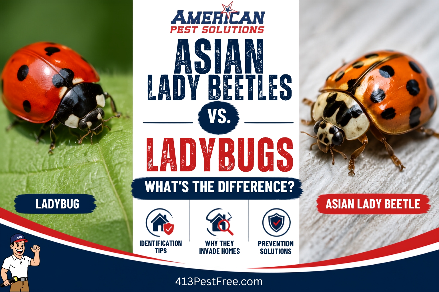 Pictures of a lady bug and asian lady beetle, blog title, APS logos