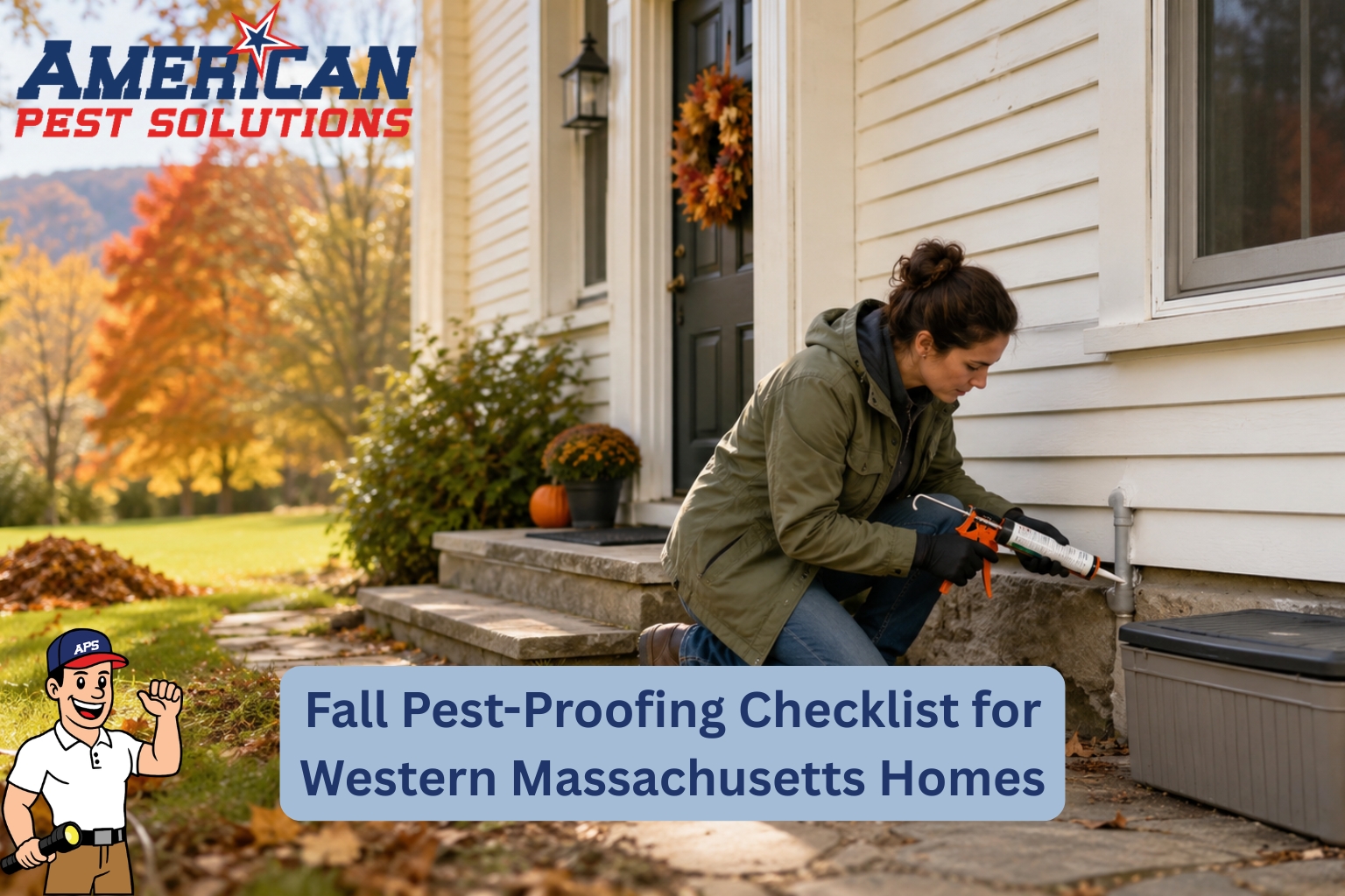 Home exterior with homeowner doing repairs. APS logo and blog title