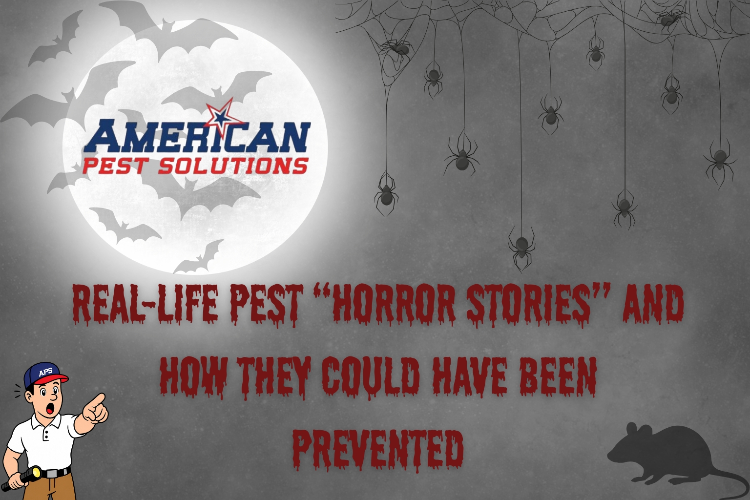 Spooky full moon background with bats and spiders, APS Logo and blog title