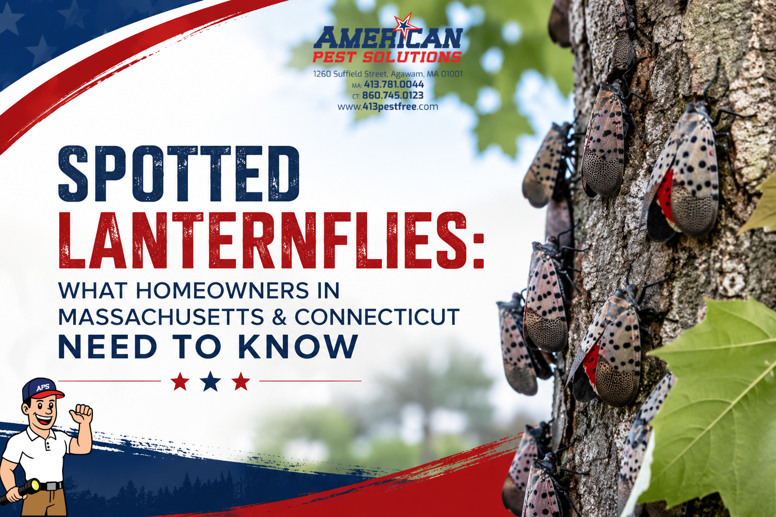 Photo of spotted lanternflies on a tree and APS logo with blog title