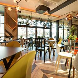 Tables and chairs inside an establishment